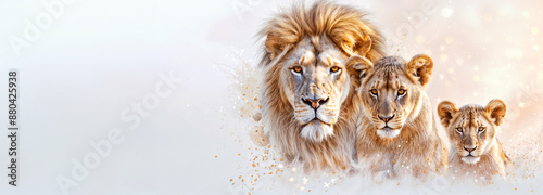 Majestic Lion Family in Abstract Background with Father, Young Cub, and Lioness. World Lion day, banner