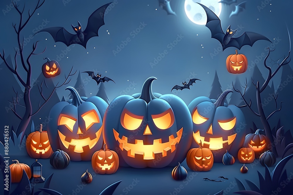 Spooky Halloween scene with glowing jack-o'-lanterns, bats, and a full moon in a dark, eerie forest. Spooky Halloween scene with glowing jack-o'-lanterns, bats, and a full moon in a dark, eerie forest.