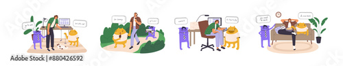 People procrastinate set. Concept of procrastination excuses. Lazy person avoids, delays work. Low productivity, bad time management, discipline problems. Flat isolated vector illustrations on white