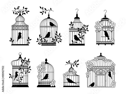 Vintage cages and decorative birds. Dark silhouettes of parrots and canaries houses, steel rods interlacing, freedom and prison, elegant black silhouettes, decorative elements, vector set