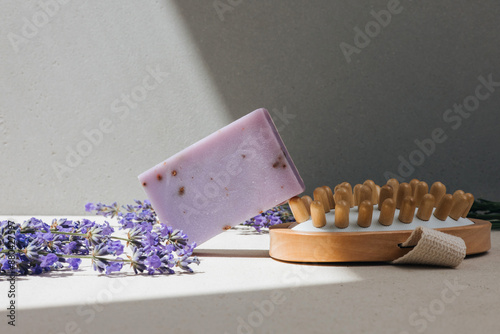 Handmade soap from natural ingredients, lavender flowers. Concept of sustainable use, bath products. Front view