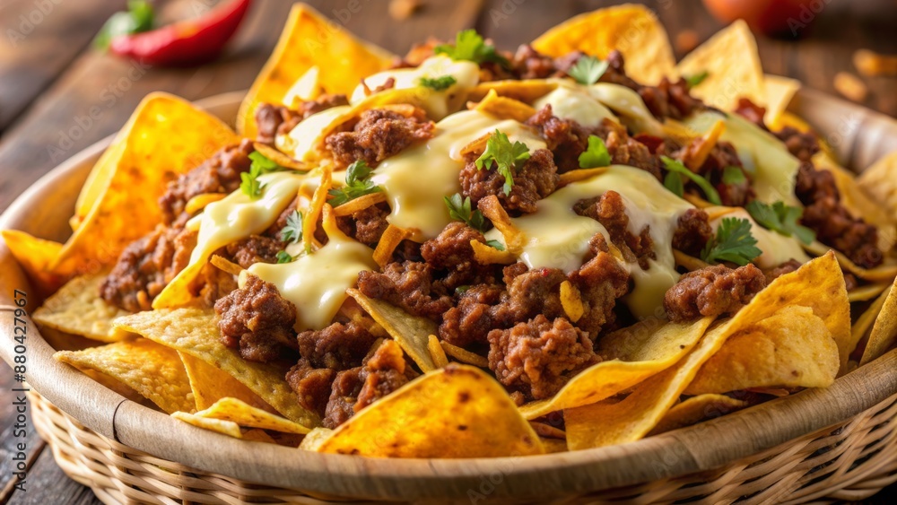 A mouthwatering, close-up shot of a crispy corn chip bag overflowing with warm, golden seasoned ground beef and melted cheese goodness. A mouthwatering, close-up shot of a crispy corn chip bag overflowing with warm, golden seasoned ground beef and melted cheese goodness.