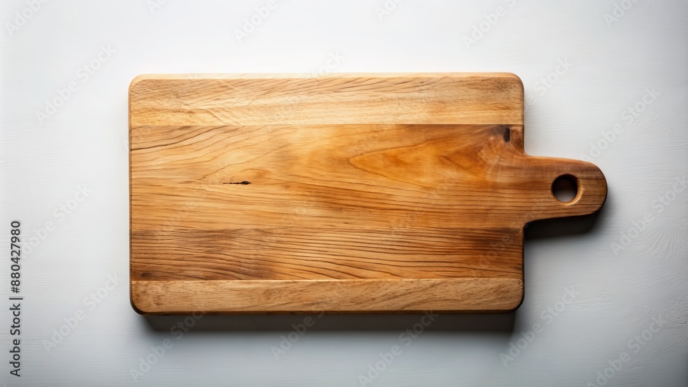 A minimalist composition featuring an isolated, empty, worn, wooden cutting board on a pristine, pure white background, evoking simplicity. A minimalist composition featuring an isolated, empty, worn, wooden cutting board on a pristine, pure white background, evoking simplicity.