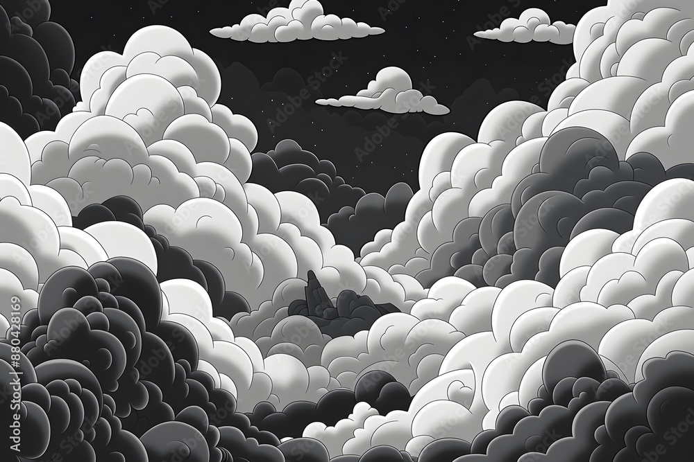 Fototapeta premium Monochromatic surreal clouds floating in a night sky, creating a dreamlike mysterious atmosphere