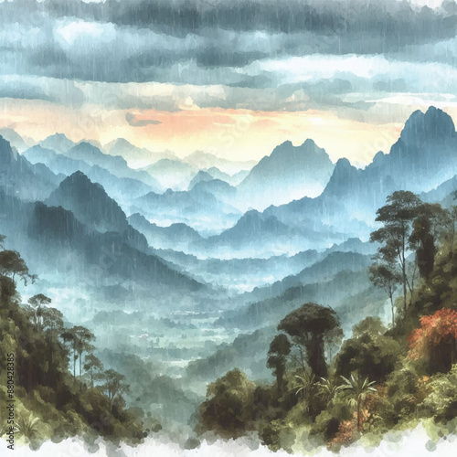 Cloudy mountains present a beautiful view in water colour style  photo