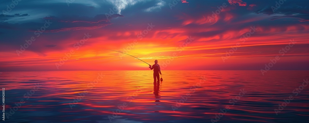 Fototapeta premium A solitary fisherman silhouetted against a vibrant sunset, casting their line into a vast ocean stretching towards the horizon.