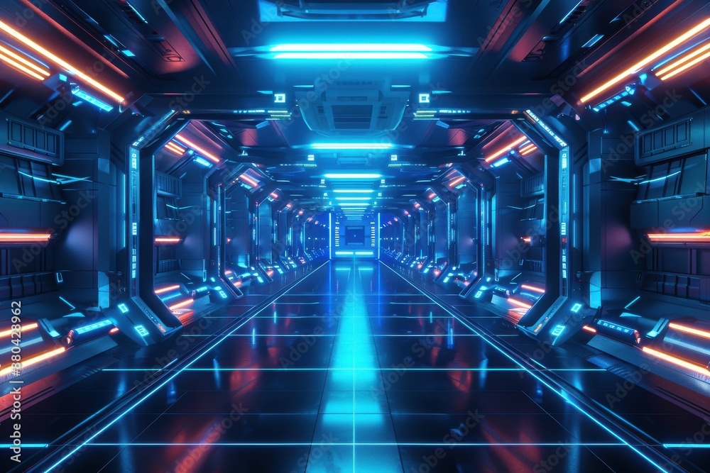 Futuristic Sci-Fi Corridor with Glowing Neon Lights. A Cyberpunk or Metaverse Concept Futuristic Sci-Fi Corridor with Glowing Neon Lights. A Cyberpunk or Metaverse Concept