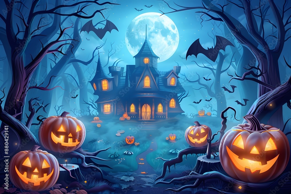 Spooky haunted house with glowing pumpkins under a full moon on a foggy Halloween night. Spooky haunted house with glowing pumpkins under a full moon on a foggy Halloween night.