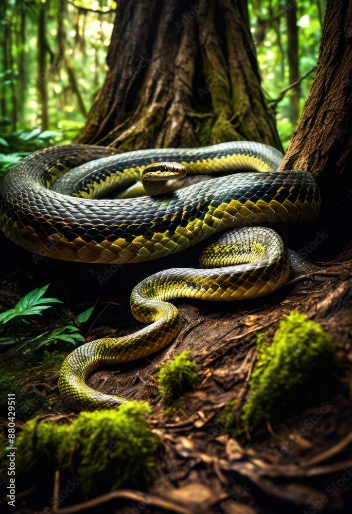 sinuous snake wrapped enchanted tree roots mystical scene, entwined, mythical, magical, coiled, twisted, serpent, winding, curled, nature, fantasy, forest sinuous snake wrapped enchanted tree roots mystical scene, entwined, mythical, magical, coiled, twisted, serpent, winding, curled, nature, fantasy, forest