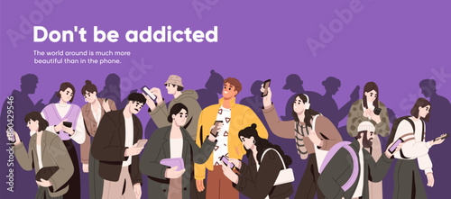 Person stands out of smartphones addicted crowd banner. Obsession of and social media, networks concept. People overload with phubbing in gadgets, surfing internet, read news. Flat vector illustration