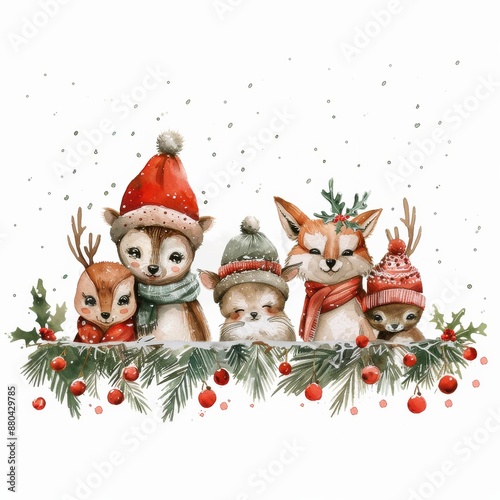 A cute and festive illustration of various woodland animals wearing winter hats and scarves, set against a snowy background with holiday decorations