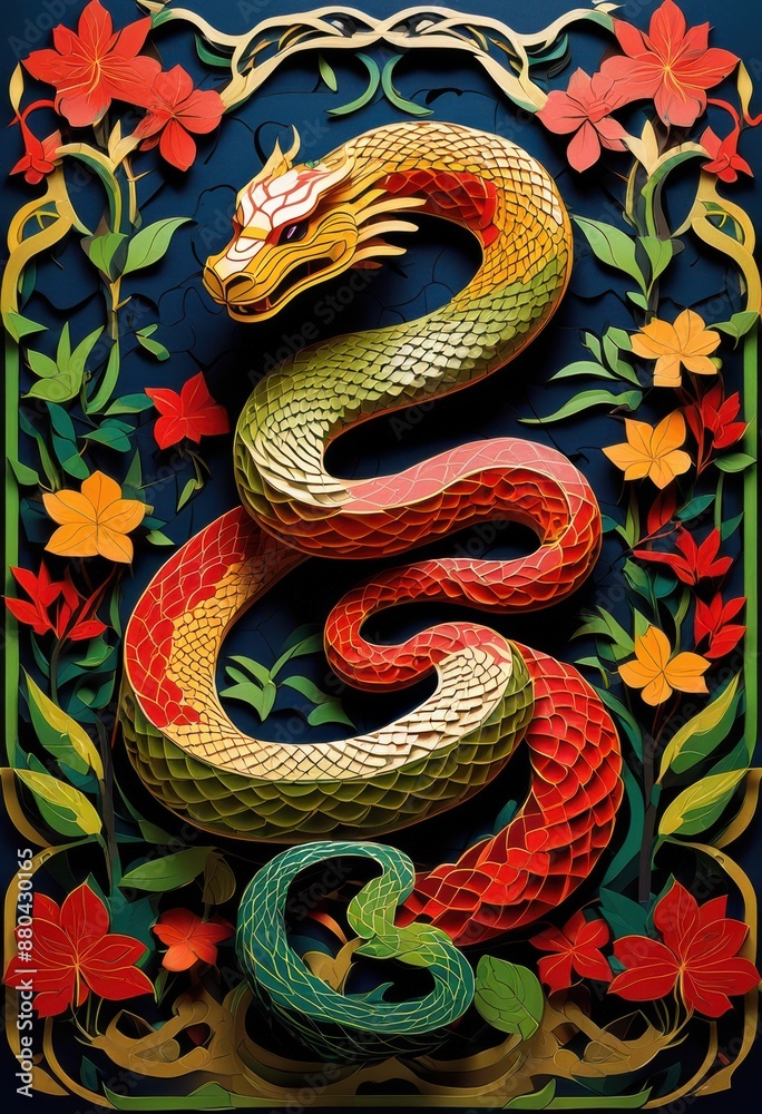 intricate year snake themed puzzles enthusiasts, patterned, serpentine, challenging, brainteaser, twist, detailed, beautiful, colorful, creative, art