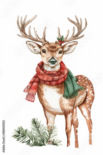 A delightful illustration of a reindeer wearing a red and green scarf, adorned with holly, standing with a festive winter background
