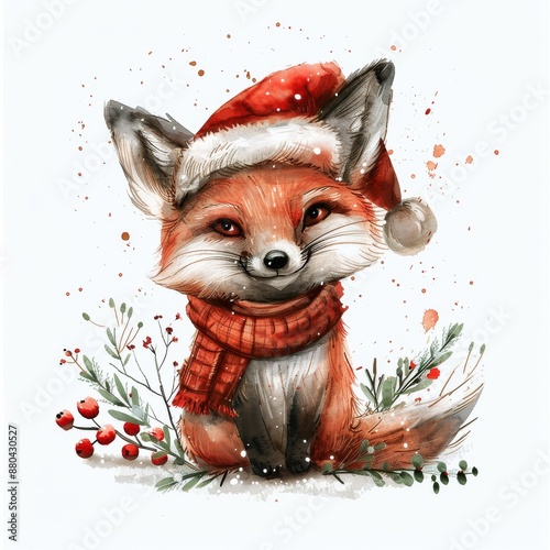 A charming illustration of a fox wearing a Santa hat and red scarf, surrounded by winter foliage and berries, with a festive feel
