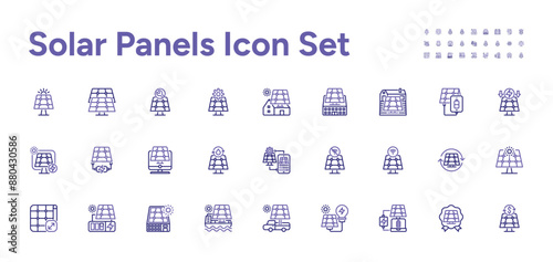 Solar Panels Icon Set. Solar energy installation, maintenance, efficiency, residential, commercial solar solutions for sustainable and renewable energy