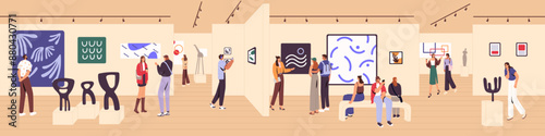 Modern art gallery banner. Exposition of contemporary pictures, sculpture. Group of visitors looking artworks with excursion. People walk, watch painting exhibition in museum. Flat vector illustration