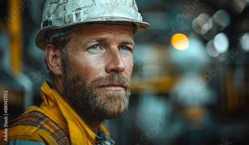 Industrial Worker Wearing Hard Hat. A man wearing a hard hat and safety vest looks off to the side in an industrial setting. © Vadim