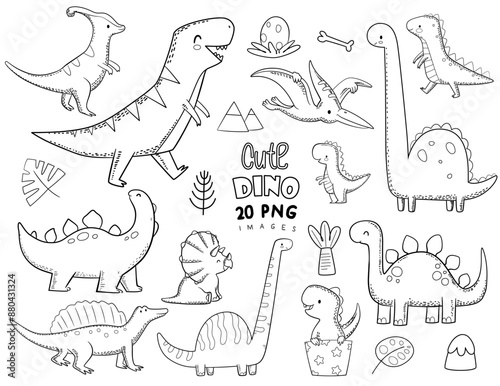 Dinosaurs icons set. Lizards of ancient times, linear icon collection. Reptiles of Mesozoic era. Tyrannosaurus, sauropod, velociraptor, stegosaurus, triceratops etc. Line with editable stroke
