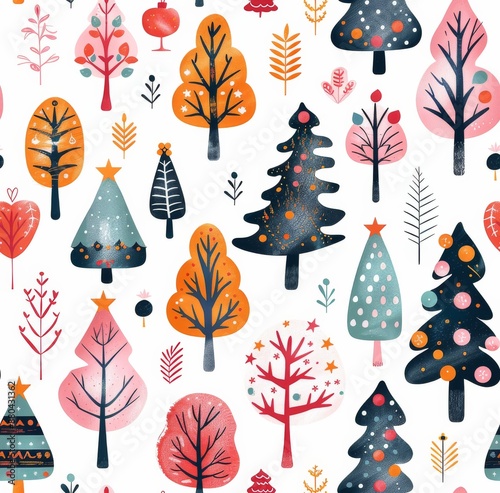 A cheerful and festive pattern of stylized trees in various shapes and colors, adorned with holiday decorations, set against a white background