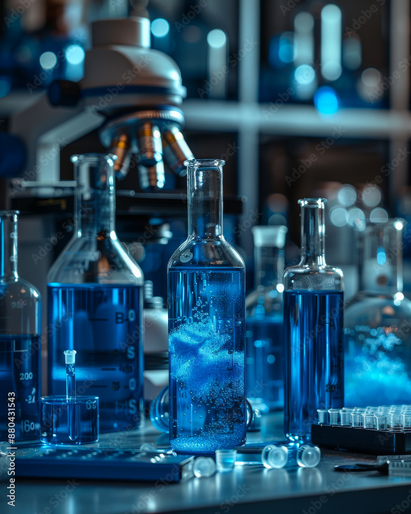 Blue Liquid In Glassware In Laboratory. A blue liquid bubbles in a glass beaker on a laboratory table, with other glassware and a microscope in the background. Blue Liquid In Glassware In Laboratory. A blue liquid bubbles in a glass beaker on a laboratory table, with other glassware and a microscope in the background.