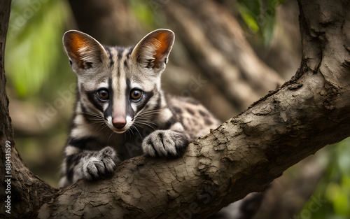 A genet climbing gracefully in an African tree photo