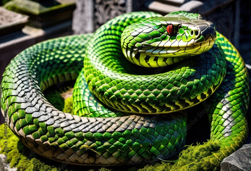 Fototapeta premium twisting snake wrapped old statue coiled position, serpent, idol, reptile, sculpture, serpentine, figure, curled, relic, vintage, deity, entwined, landmark