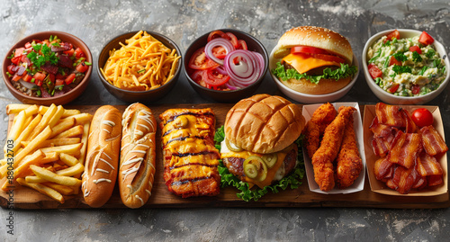 Wallpaper Mural Fast Food Platter on Wooden Board. A selection of fast food items arranged on a wooden board, including burgers, hot dogs Torontodigital.ca