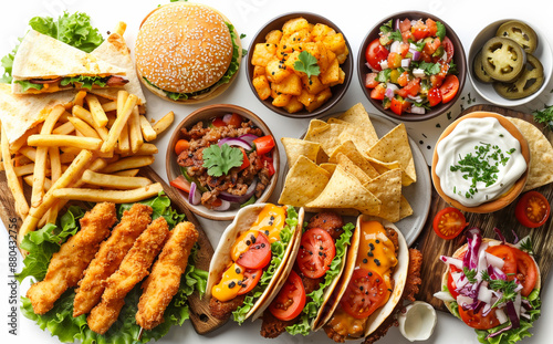 Wallpaper Mural Mexican Food Spread With Tacos and Burgers. A variety of Mexican dishes are displayed on a white table, including tacos, burgers, quesadillas, french fries, and various dips and toppings. Torontodigital.ca