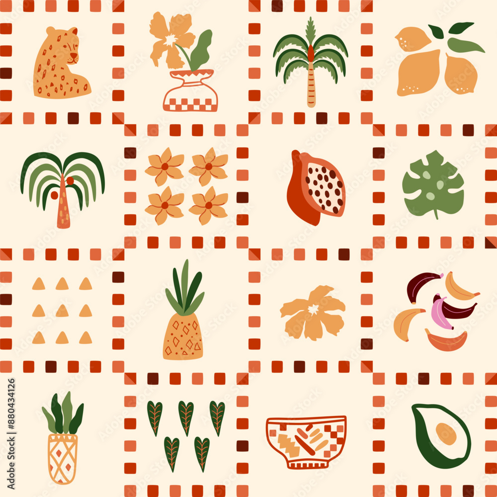 Checkered summer seamless pattern with tropical leaves, palm tree, leopard, fruits. Exotic jungle elements in square shapes. Retro chess print, vector repeat background, fabric, textile, wallpaper