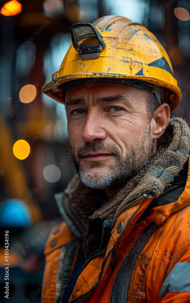 Construction Worker In Yellow Hard Hat. A construction worker in a yellow hard hat and orange jacket looks directly at the camera. Construction Worker In Yellow Hard Hat. A construction worker in a yellow hard hat and orange jacket looks directly at the camera.