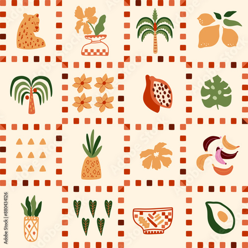 Obraz na płótnie Checkered summer seamless pattern with tropical leaves, palm tree, leopard, fruits. Exotic jungle elements in square shapes. Retro chess print, vector repeat background, fabric, textile, wallpaper w salonie
