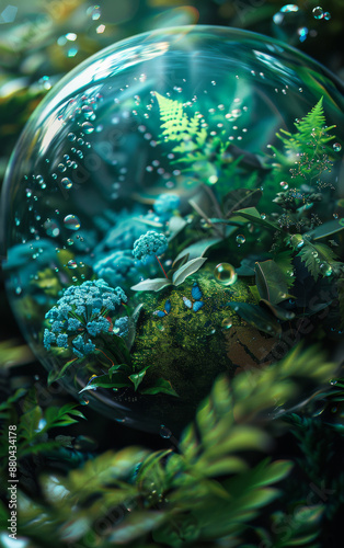 Glass Sphere With Plants and Bubbles. A glass sphere sits amongst green foliage, containing small plants and bubbles.
