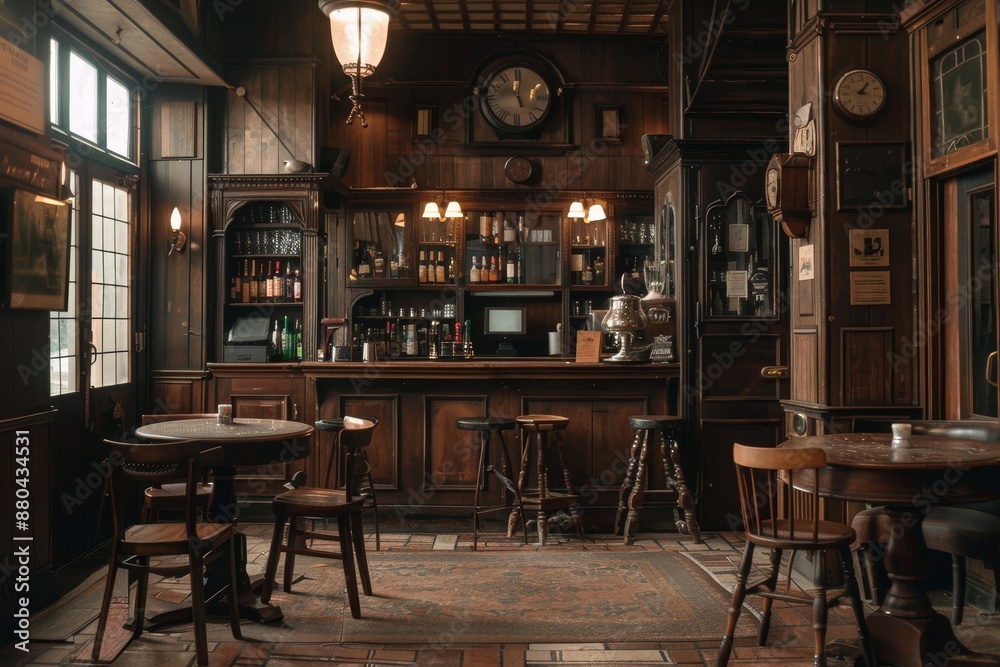 Old bar scene. Traditional or British style bar or pub interior, with wooden paneling Old bar scene. Traditional or British style bar or pub interior, with wooden paneling