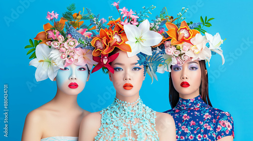 Modern Fashion Floral Headpieces. Stylish Women in Vibrant Colors on Blue Background photo