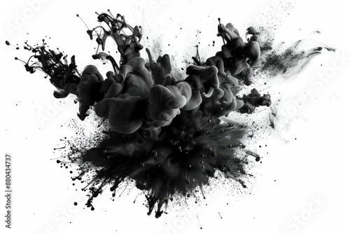 Stock image of abstract black splash on white background with paint strokes and stain grunge.