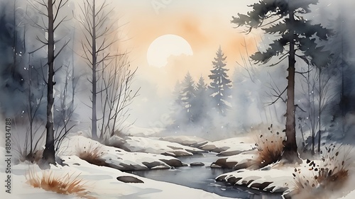watercolor foggy forest landscape illustration wild nature in wintertime
