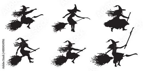 Set of witches riding broomsticks flying in the form of black silhouettes on a white background.