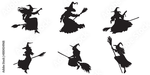 Set of witches riding broomsticks flying in the form of black silhouettes on a white background.