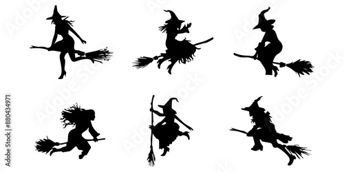Set of witches riding broomsticks flying in the form of black silhouettes on a white background.