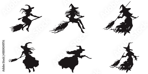 Set of witches riding broomsticks flying in the form of black silhouettes on a white background.