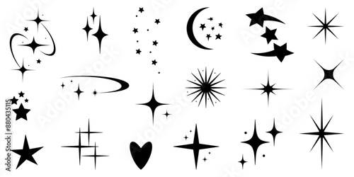 Hand Drawn Set of Tattoo art stickers 90s - 2000s in trendy Y2k Aesthetic Style. Retro lines vintage elements, sparkle star, heart. Simple geometric y2k shapes. Isolated Vector illustration.