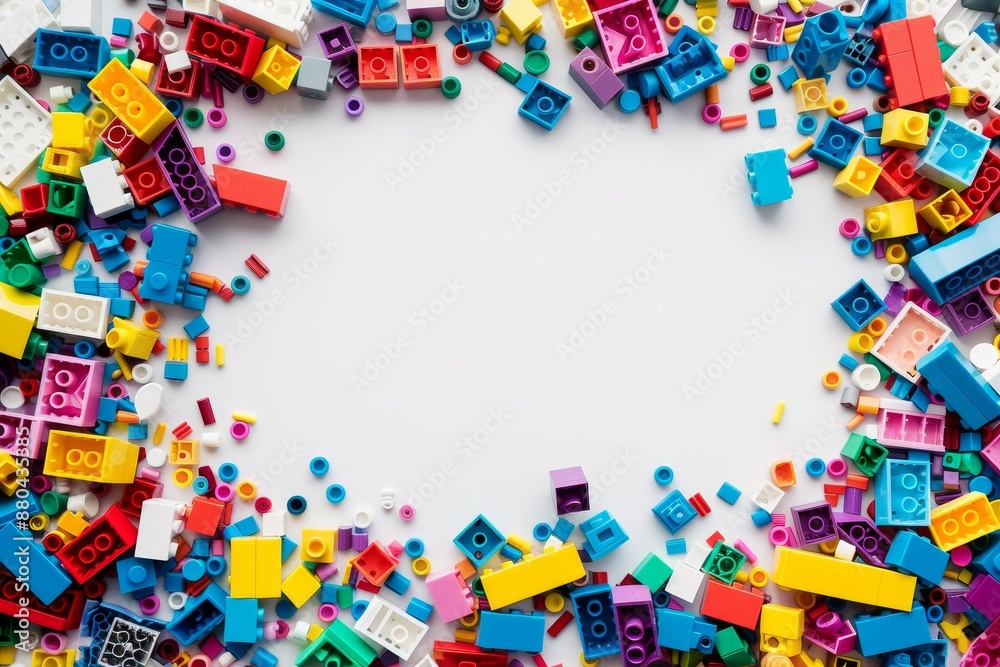 White background, white space in the center of picture. A pile of colorful blocks scattered all over the place. The bricks of different shapes and sizes to show diversity White background, white space in the center of picture. A pile of colorful blocks scattered all over the place. The bricks of different shapes and sizes to show diversity