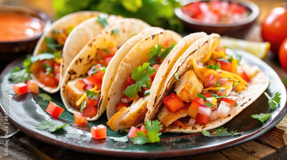 Plate with tasty fish tacos on the table Plate with tasty fish tacos on the table