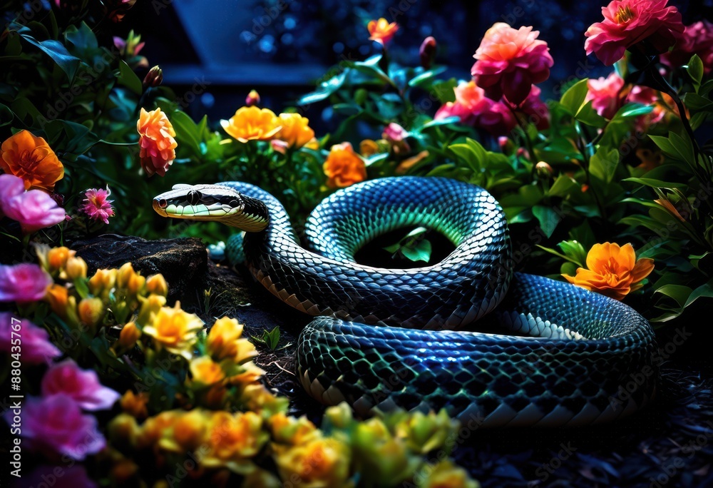 Fototapeta premium moonlit garden enchanting snake slithering among night blooms, serpent, reptile, illuminated, mystical, foliage, mysterious, moonlight, flora, gardenia