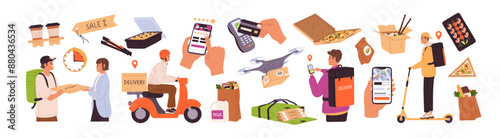 Delivery service set. Couriers delivers packages in backpack on mopeds, scooter fast. Online orders of food, groceries, pizza with mobile app. Flat isolated vector illustrations on white background