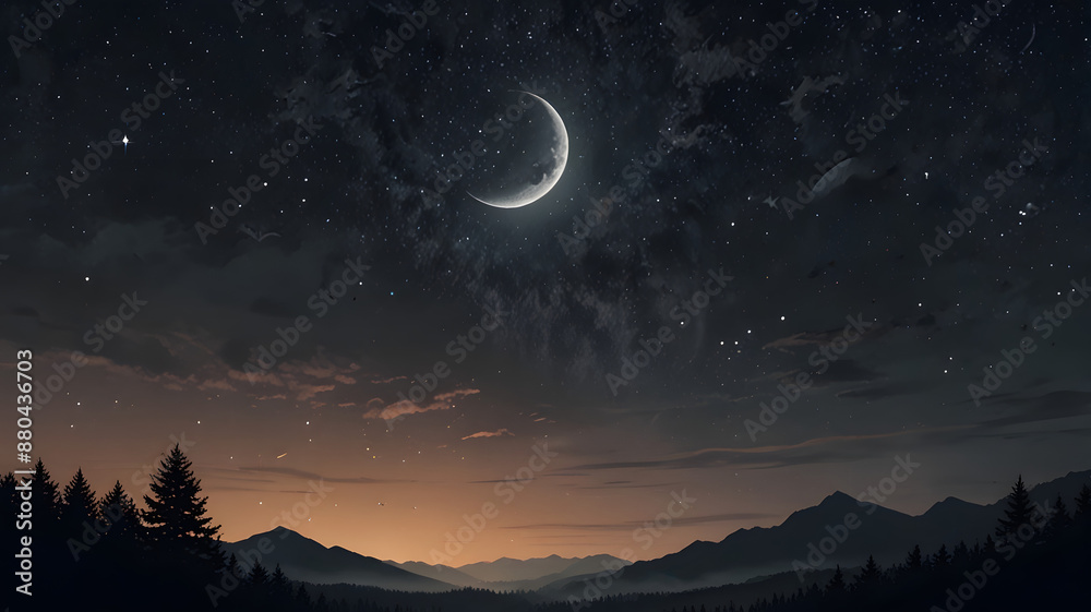 Mountains Below a Starry Sky on a Moonlit Horizon Mountains Below a Starry Sky on a Moonlit Horizon
