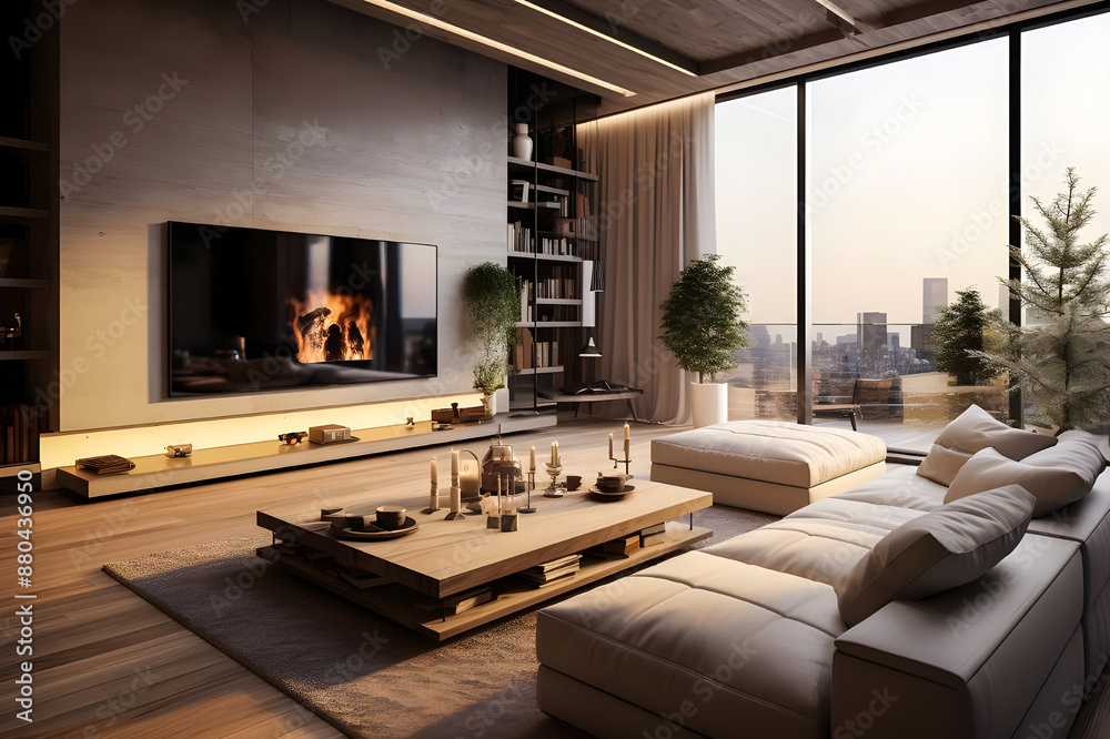 The loft interior design features a modern living room and minimalist home with a TV. The loft interior design features a modern living room and minimalist home with a TV.