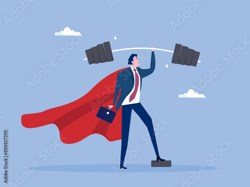 Business Strengths, strong power to get job done and success, career challenge or winning skill with strong leadership concept,strong businessman hero show his strength by easy lifting heavy weight