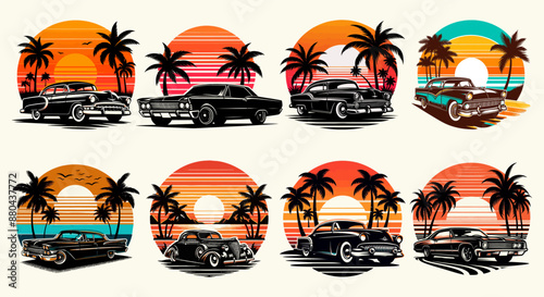 car with sunset and retro-style palm vector t shirt design photo