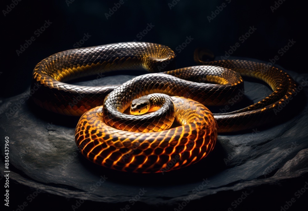 Obraz premium sinuous snake coiling illuminated runic stone dark setting, glowing, shining, radiant, bright, luminous, shimmering, sparkling, gleaming, dimly, dim